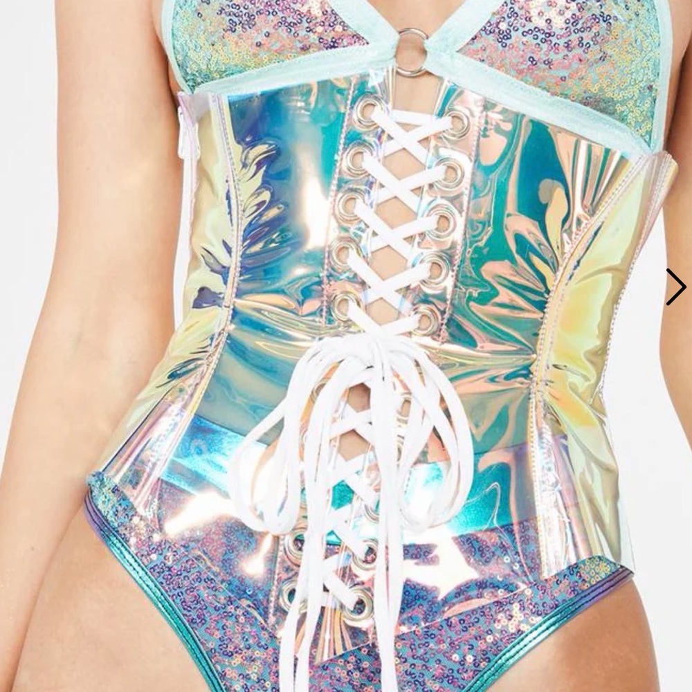 Dolls Kill Iridescent Holographic Lace-Up Corset Bodysuit - Aqua/Pastel